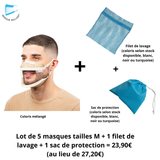 Pack Lot de 5 Masques Transparents + 1 filet de lavage + 1 sac de protection coloris mélangés - modèle élastiques - Taille M